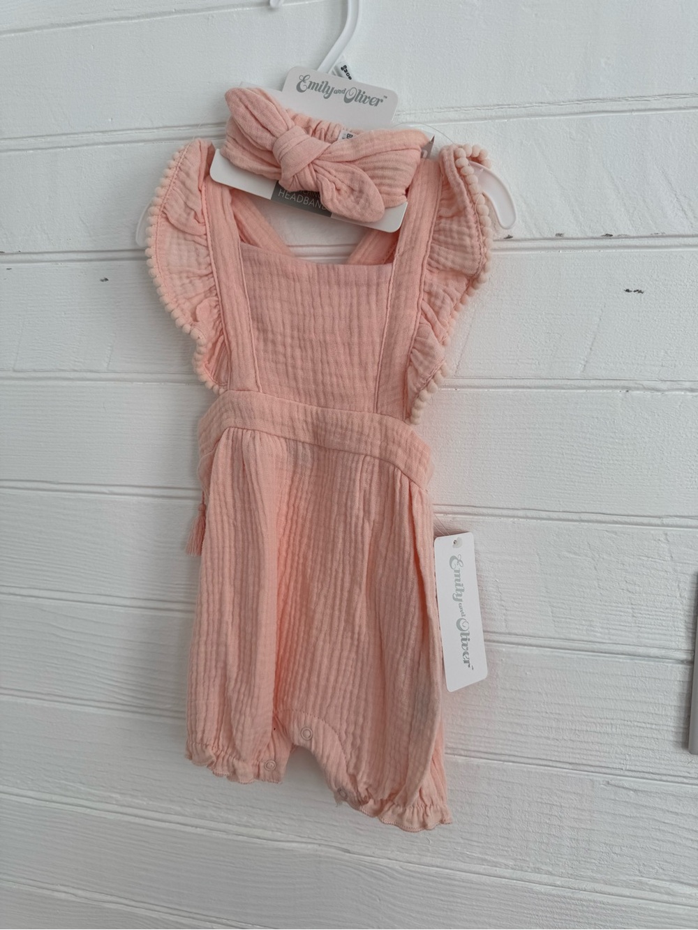 Emily & Oliver Peach Girls' Ruffled Romper with Headband